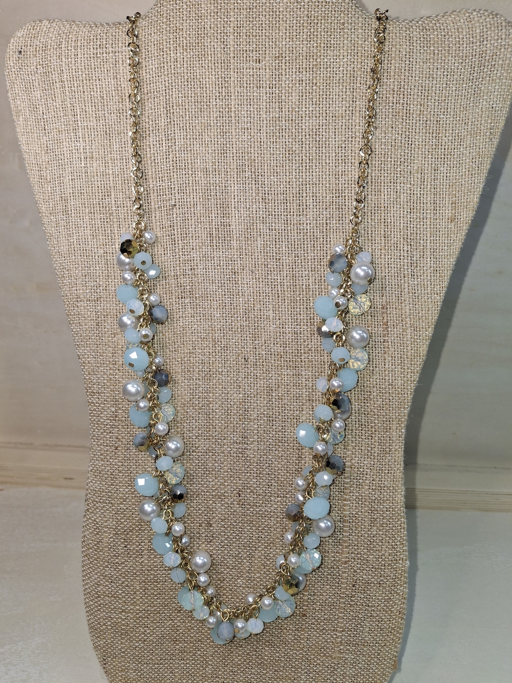 Gold Chain Necklace with Light Blue Beads and Faux Pearls